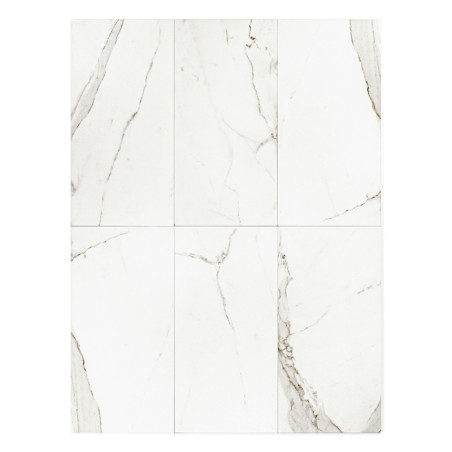 Zes rechthoekige, witte tegels met lichtgrijze, marmerachtige nerven kruisen elkaar en vormen een samenhangend raster. Ze rusten