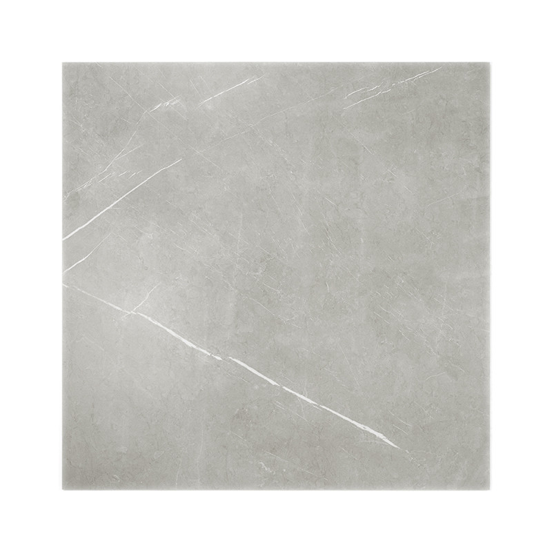A square tile displays a light gray surface with subtle white veining, resembling natural stone, intended for flooring or wall a