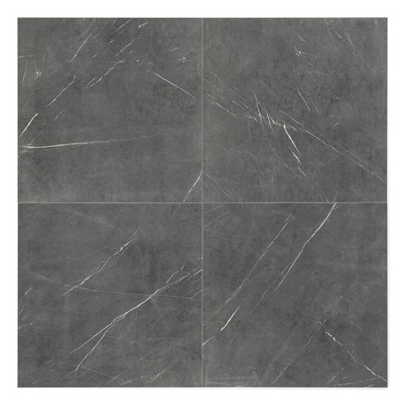 Graue Marmorfliese mit weißen Maserungen, die ein Quadrantenmuster bilden. Die polierte Oberfläche sorgt für ein schlichtes, ele