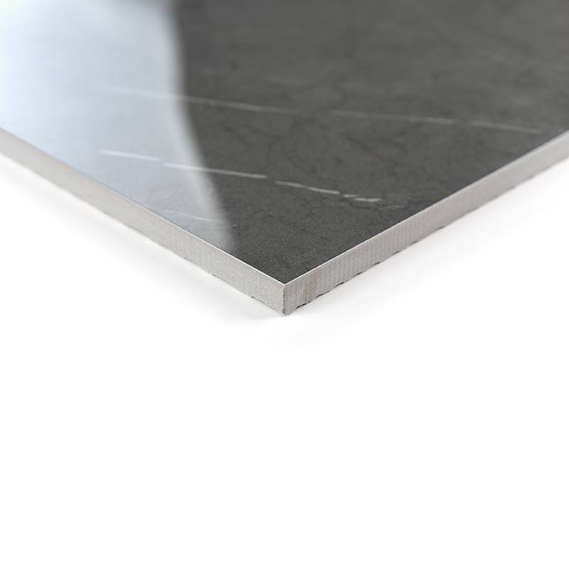 Un azulejo pulido de color gris oscuro con sutiles patrones de vetas descansa sobre una superficie blanca, reflejando una luz su