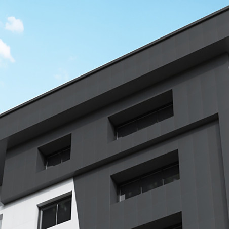 Een modern gebouw heeft donkere en lichte rechthoekige panelen en ramen, afgezet tegen een helderblauwe lucht met minimale bewol Een modern gebouw heeft donkere en lichte rechthoekige panelen en ramen, afgezet tegen een helderblauwe lucht met minimale bewol
