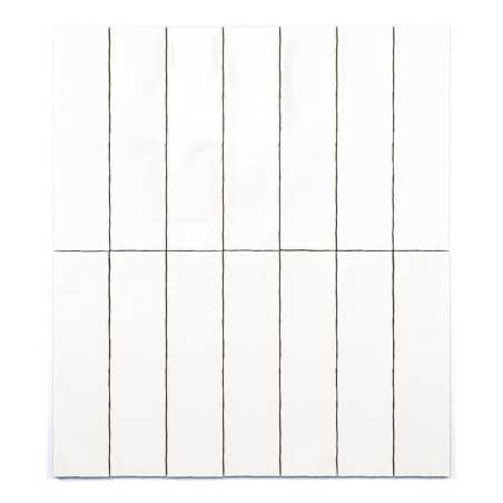 White rectangular tiles are arranged in a grid, divided horizontally in the middle, with vertical black grout lines creating a m White rectangular tiles are arranged in a grid, divided horizontally in the middle, with vertical black grout lines creating a m