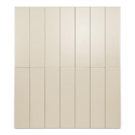 A symmetrical arrangement of sixteen vertically aligned, rectangular cream tiles forms a grid, creating a minimalist, neutral ba