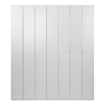 A rectangular, smooth, light gray tile vertically stands against a white background, creating a simple and minimalist appearance