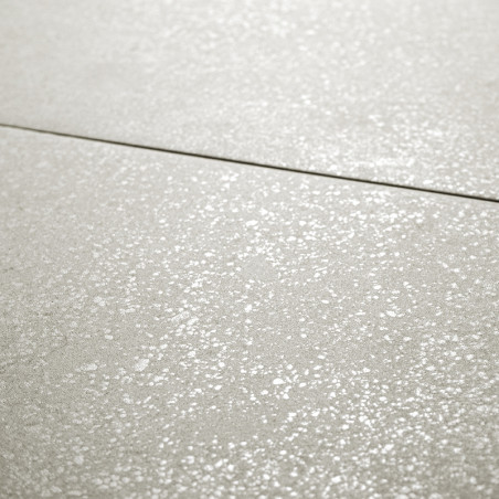Die Fliese verfügt über eine hellgraue Oberfläche mit gesprenkelter Textur, die dezent schimmernde Punkte aufweist. Es ist Teil 