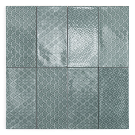 The tile set displays a variety of geometric patterns including scallops and interlocking circles, creating a textured, symmetri