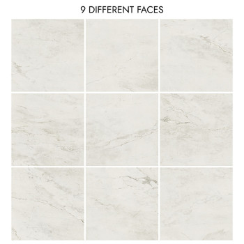 Neuf carreaux de marbre gris clair, chacun avec des motifs de veines uniques et subtils, disposés selon une grille 3x3. Le texte