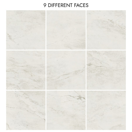 Neuf carreaux de marbre gris clair, chacun avec des motifs de veines uniques et subtils, disposés selon une grille 3x3. Le texte