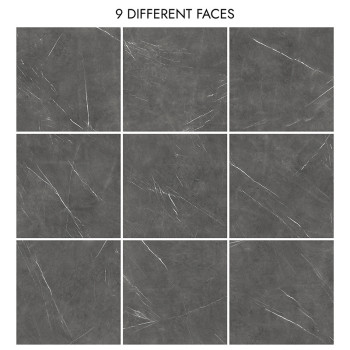 Neun quadratische Fliesen zeigen subtile weiße Maserungen auf einer dunkelgrauen Oberfläche, die in einem Raster angeordnet sind