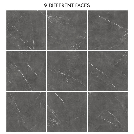 Neun quadratische Fliesen zeigen subtile weiße Maserungen auf einer dunkelgrauen Oberfläche, die in einem Raster angeordnet sind