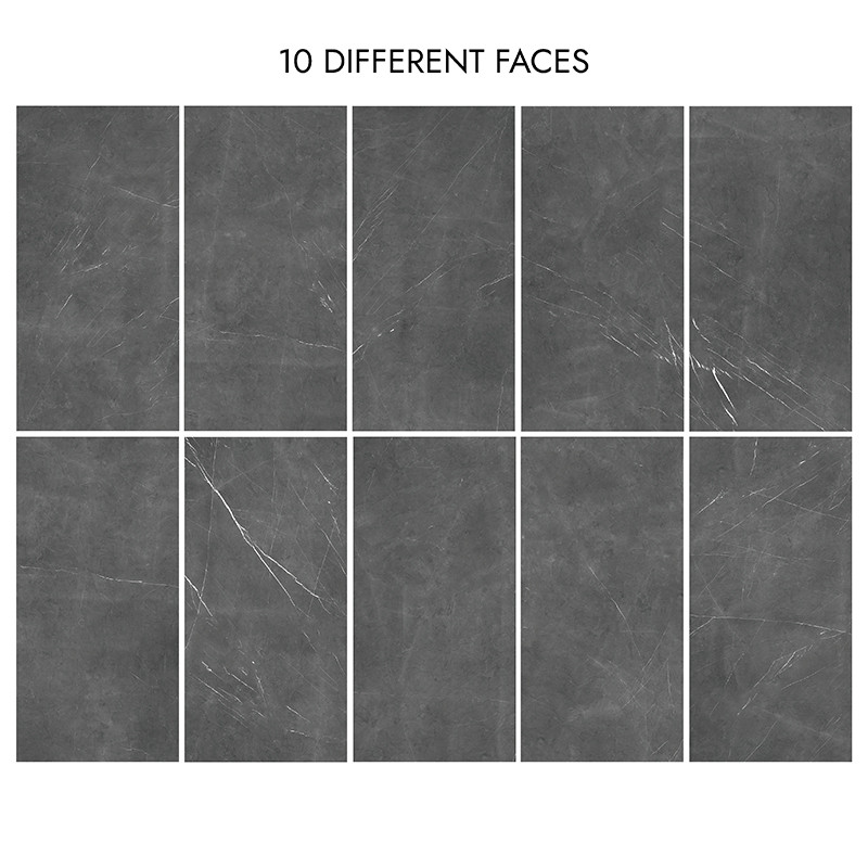 Los azulejos rectangulares de color gris oscuro muestran sutiles patrones de vetas blancas, dispuestos en dos filas de cinco. El