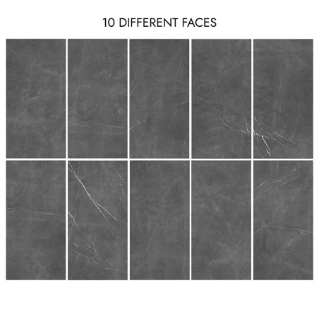 Dunkelgraue rechteckige Fliesen weisen subtile weiße Adermuster auf, die in zwei Fünferreihen angeordnet sind. Der obige Text la