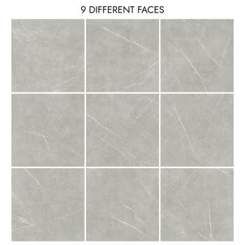 Nine gray tiles display subtle white veining, arranged in a 3x3 grid, each with a unique pattern. Text reads: `9 DIFFERENT FACES