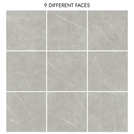 Nine gray tiles display subtle white veining, arranged in a 3x3 grid, each with a unique pattern. Text reads: `9 DIFFERENT FACES