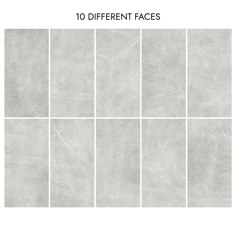 Dix carreaux gris mat aux subtiles variations de texture sont disposés en grille. Le texte ci-dessus indique « 10 VISAGES DIFFÉR