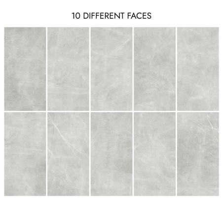 Ten light gray tiles sit in a grid, displaying subtle variations in texture and pattern. Text reads `10 DIFFERENT FACES` above. Ten light gray tiles sit in a grid, displaying subtle variations in texture and pattern. Text reads `10 DIFFERENT FACES` above.