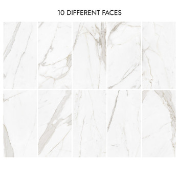 Tien witmarmeren tegels met grijze nerven, neergelegd in twee rijen, elk met unieke patronen. De tekst hierboven luidt `10 VERSC