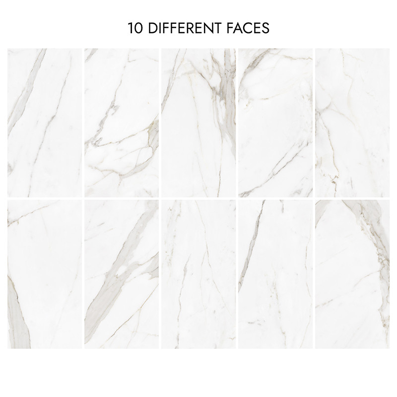 Diez azulejos de mármol blanco con vetas grises, dispuestas en dos filas, cada una con patrones únicos. El texto de arriba dice 