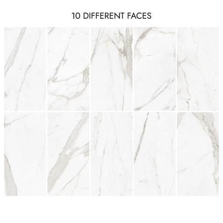 Tien witmarmeren tegels met grijze nerven, neergelegd in twee rijen, elk met unieke patronen. De tekst hierboven luidt `10 VERSC