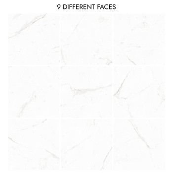 A grid of nine white marble-patterned tiles with faint gray veining. Text reads `9 DIFFERENT FACES` above the tiles.