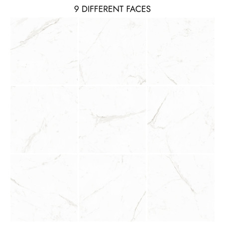 A grid of nine white marble-patterned tiles with faint gray veining. Text reads `9 DIFFERENT FACES` above the tiles.