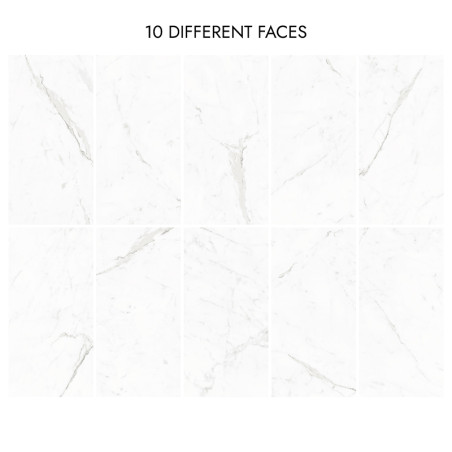 White marble tiles display varied gray veining patterns, arranged in two rows. The text above reads `10 DIFFERENT FACES.` White marble tiles display varied gray veining patterns, arranged in two rows. The text above reads `10 DIFFERENT FACES.`