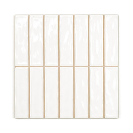 Rechthoekige witte tegels zijn gerangschikt in een raster van 3x5, gescheiden door dunne beige voeglijnen, op een effen, lichte 