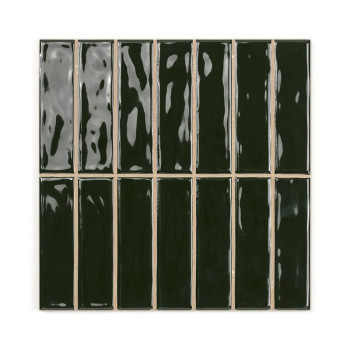 Glossy, dark green rectangular tiles are arranged evenly in a grid pattern, reflecting light, on a plain white background.