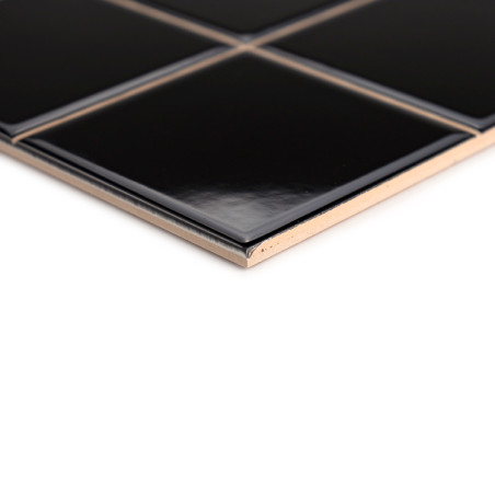 Un carreau noir brillant de forme carrée est posé seul, réfléchissant subtilement la lumière, et posé sur un fond blanc uni.