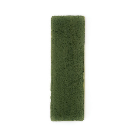 Un long carreau rectangulaire en terre cuite verte repose verticalement sur un fond blanc uni.