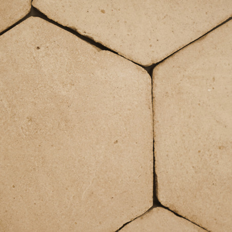 Los azulejos de terracota hexagonales encajan entre sí, formando un patrón sin costuras en el piso, con líneas de lechada mínima