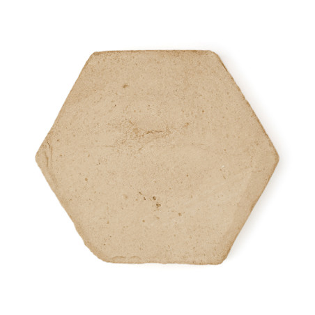 Baldosa de terracota hexagonal apoyada sobre un fondo blanco liso, mostrando una superficie lisa y mate con sutiles imperfeccion