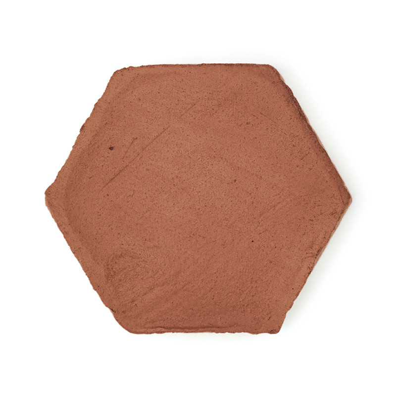 Baldosa de terracota hexagonal apoyada sobre un fondo blanco liso, mostrando una superficie lisa y bordes rugosos.