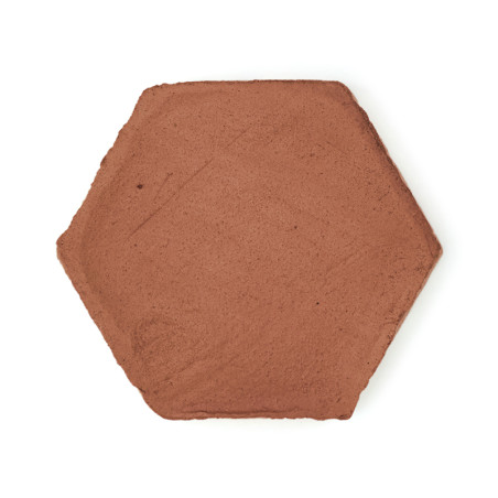 Baldosa de terracota hexagonal apoyada sobre un fondo blanco liso, mostrando una superficie lisa y bordes rugosos.