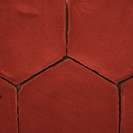 Ladrilhos hexagonais de terracota permanecem imóveis, conectados por linhas estreitas de argamassa, criando uma superfície rústi