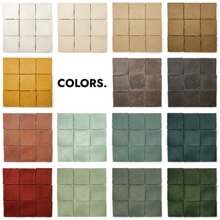 Sixteen terracotta tile samples arranged in a grid, showcasing various earthy tones. text `COLORS.` is centered among them.
