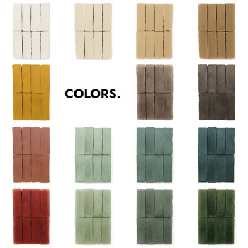 Azulejos de terracota dispuestas por diferentes colores, cada conjunto de tres verticalmente, con el texto `COLORES`. cerca, sob