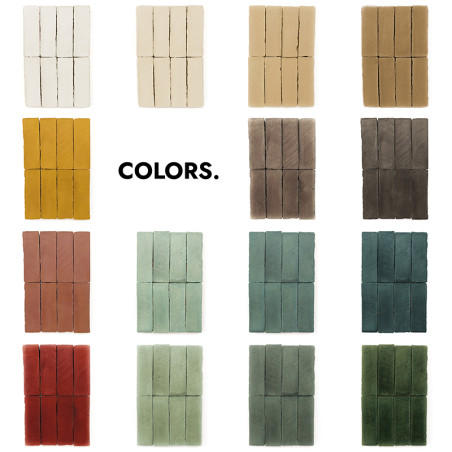 Los azulejos de terracota, dispuestos verticalmente, muestran varios tonos de color. etiquetado como `COLORES`. sobre un fondo b