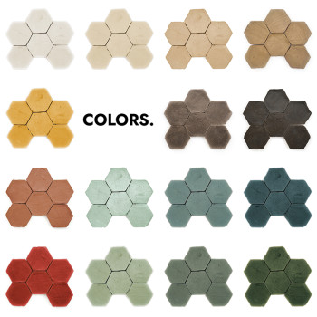 Les carreaux hexagonaux en terre cuite sont disposés en grappes par couleur sur fond blanc. Le texte se lit comme suit : « COULE