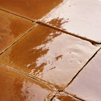 Glanzende terracottategels reflecteren het licht en laten aardse, warme tinten zien. Gepositioneerd in een rasterpatroon, wat ee
