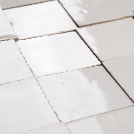 Les carreaux de terre cuite vernissée blanche sont soigneusement disposés selon un motif en grille, reflétant la lumière dans un