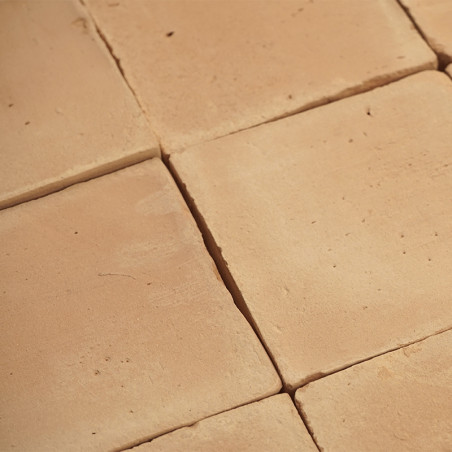 Les carreaux de terre cuite sont disposés selon un motif en grille, formant une surface rustique aux tons chauds à la lumière na