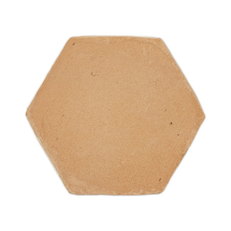 Les carreaux hexagonaux en terre cuite, reposant à plat, présentent une surface d'argile lisse et naturelle avec de subtiles tac