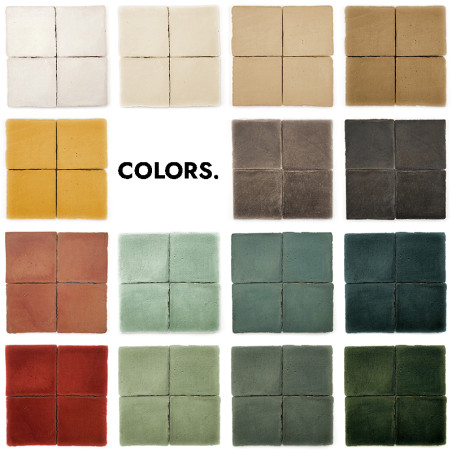 Carreaux en terre cuite présentés dans une grille, présentant différentes couleurs, dont le blanc, le jaune, le rouge et le vert