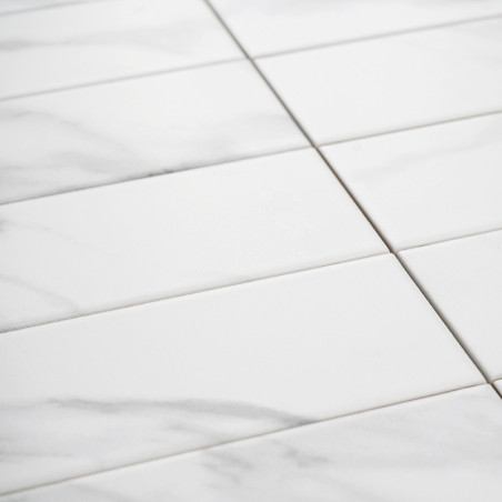 Les carreaux blancs rectangulaires avec de subtiles veines grises sont disposés selon un motif en grille, ressemblant à du marbr