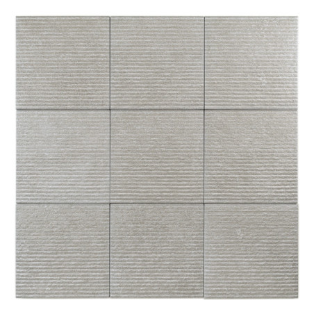 Nine gray, textured square tiles are arranged in a 3x3 grid, featuring subtle horizontal grooves, forming a simple, uniform patt Nine gray, textured square tiles are arranged in a 3x3 grid, featuring subtle horizontal grooves, forming a simple, uniform patt