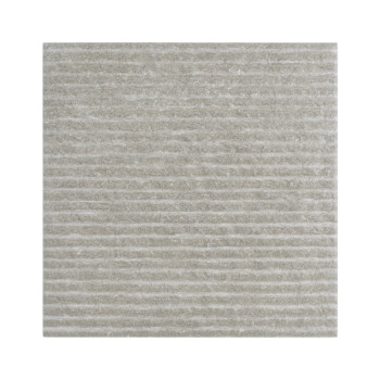 A square, light gray tile displays a textured surface and horizontal grooves, set against a plain, neutral backdrop.