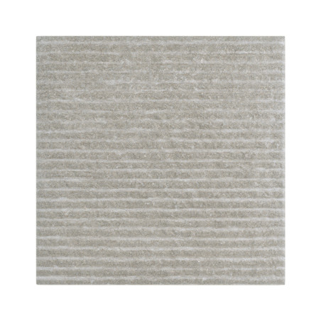 A square, light gray tile displays a textured surface and horizontal grooves, set against a plain, neutral backdrop. A square, light gray tile displays a textured surface and horizontal grooves, set against a plain, neutral backdrop.
