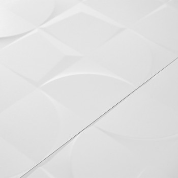 Witte keramische tegels vertonen een subtiel geometrisch patroon met verhoogde ronde en vierkante vormen. Het naadloze ontwerp c