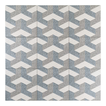 Eine quadratische Fliese zeigt ein ineinandergreifendes Chevron-Muster aus Grau, Weiß und Blau und erzeugt einen 3D-Effekt mit s